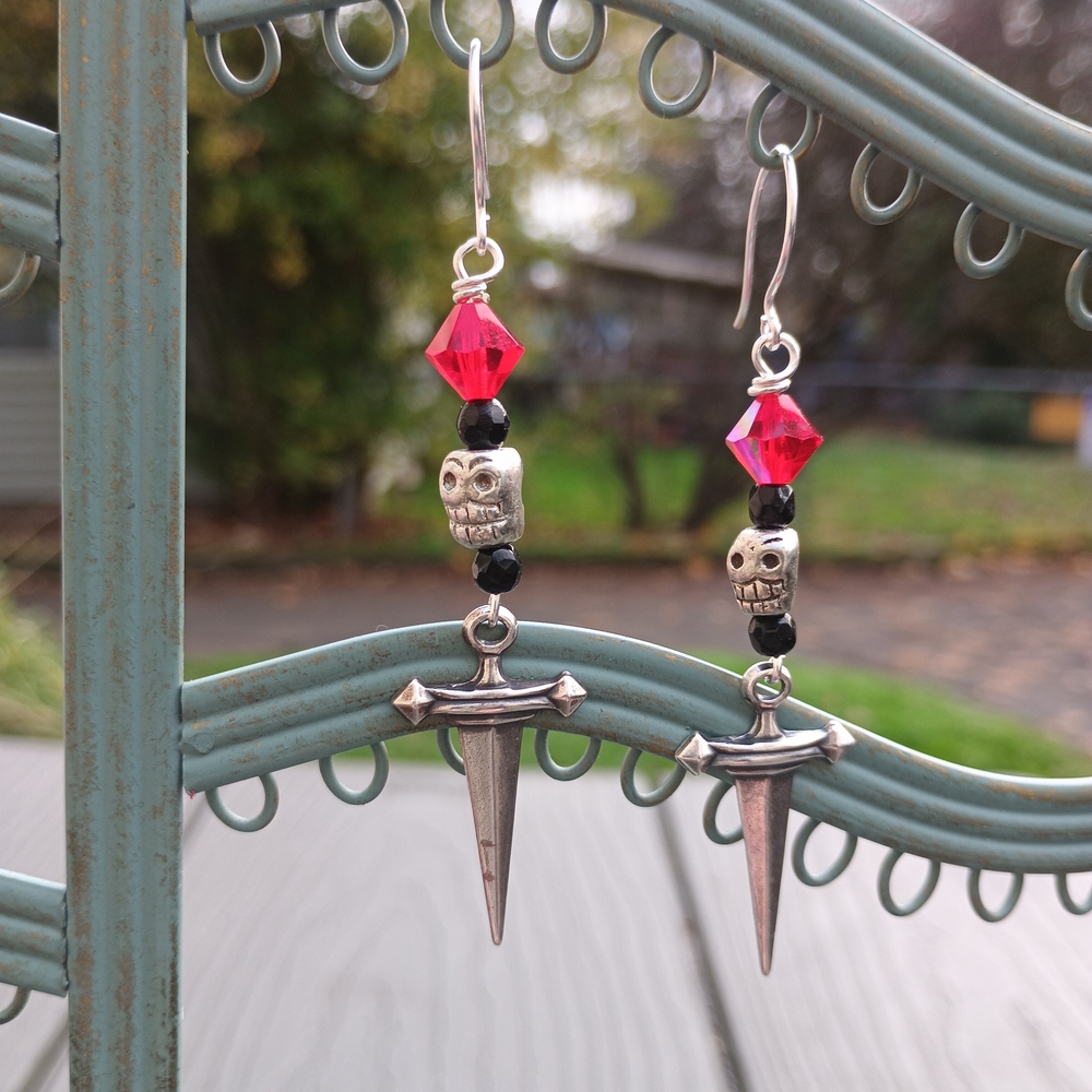 Silver Skull and Dagger Earrings
